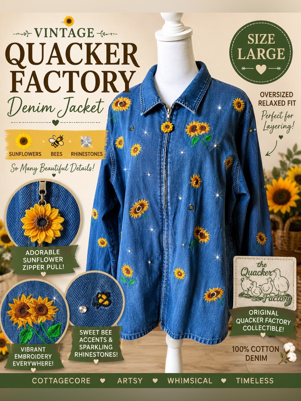 Vintage Quacker Factory Sunflower Embroidered Denim Jacket Large